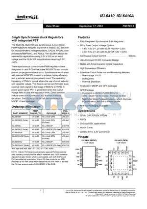 ISL6410AIU datasheet - Single Synchronous Buck Regulators with Integrated FET