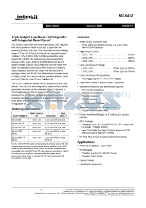 ISL6412 datasheet - Triple Output, Low-Noise LDO Regulator with Integrated Reset Circuit