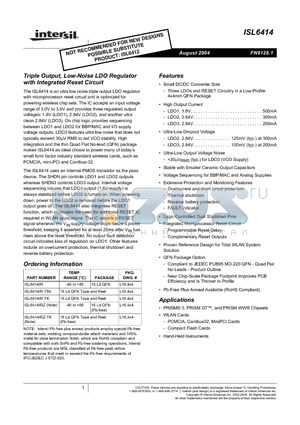 ISL6414IR datasheet - Triple Output, Low-Noise LDO Regulator with Integrated Reset Circuit