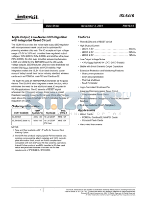 ISL6416IA datasheet - Triple Output, Low-Noise LDO Regulator with Integrated Reset Circuit