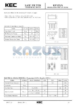 KF155 datasheet - SPECIFICATIONS FOR SAW FILTER(BAND PASS FILTERS FOR THE RECEIVING RF CIRCUITS OF PAGER)