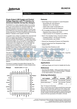 ISL6421AERZ-T datasheet - Single Output LNB Supply and Control Voltage Regulator with I2C Interface for Advanced Satellite Set-top Box Designs