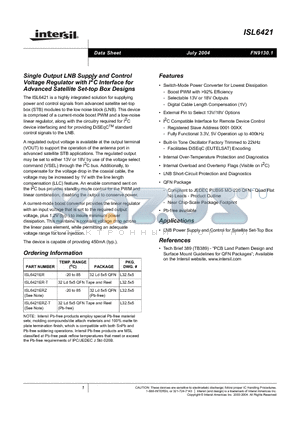 ISL6421ER datasheet - Single Output LNB Supply and Control Voltage Regulator with I2C Interface for Advanced Satellite Set-top Box Designs