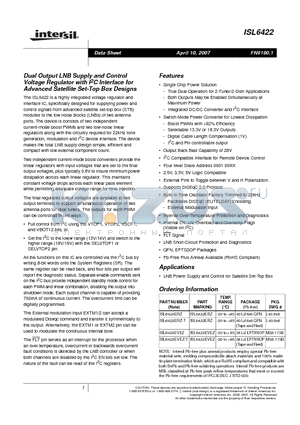 ISL6422EVEZ datasheet - Dual Output LNB Supply and Control Voltage Regulator with I2C Interface for Advanced Satellite Set-Top Box Designs