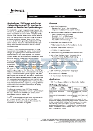 ISL6423BERZ datasheet - Single Output LNB Supply and Control Voltage Regulator with I2C Interface for Advanced Satellite Set-Top Box Designs