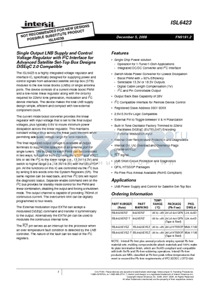 ISL6423ERZ datasheet - Single Output LNB Supply and Control Voltage Regulator with I2C Interface for Advanced Satellite Set-Top Box Designs DiSEqC 2.0 Compatible