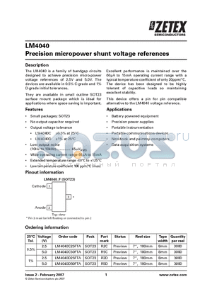 LM4040D50FTA datasheet - Precision micropower shunt voltage references