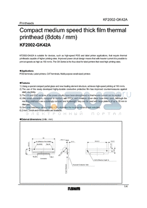 KF2002-GK42A datasheet - Compact medium speed thick film thermal printhead (8dots / mm)