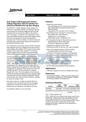 ISL6424ER datasheet - Dual Output LNB Supply and Control Voltage Regulator with I2C Interface for Advanced Satellite Set-Top Box Designs