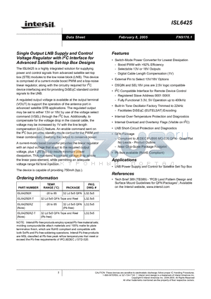 ISL6425ERZ-T datasheet - Single Output LNB Supply and Control Voltage Regulator with I2C Interface for Advanced Satellite Set-top Box Designs