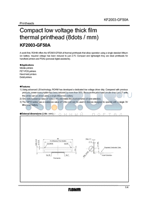 KF2003-GF50A datasheet - Compact low voltage thick film thermal printhead (8dots / mm)