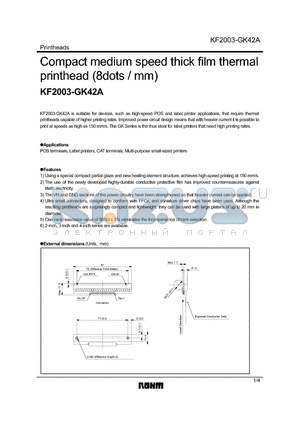 KF2003-GK42A datasheet - Compact medium speed thick film thermal printhead (8dots / mm)