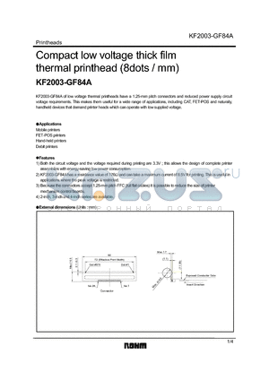 KF2003-GF84A datasheet - Compact low voltage thick film thermal printhead (8dots / mm)