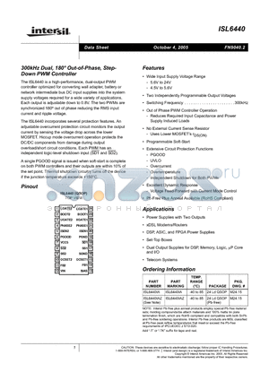 ISL6440IAZ-T datasheet - 300kHz Dual, 180 Degree Out-of-Phase, Step-Down PWM Controller
