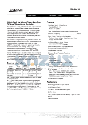ISL6443A datasheet - 300kHz Dual, 180` Out-of-Phase, Step-Down PWM and Single Linear Controller