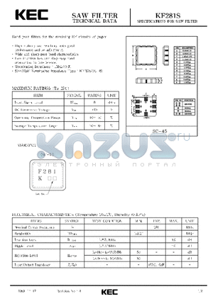 KF281S datasheet - SPECIFICATIONS FOR SAW FILTER(BAND PASS FILTERS FOR THE RECEIVING RF CIRCUITS OF PAGER)