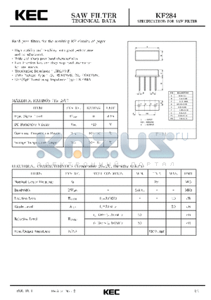 KF284 datasheet - SPECIFICATIONS FOR SAW FILTER(BAND PASS FILTERS FOR THE RECEIVING RF CIRCUITS OF PAGER)
