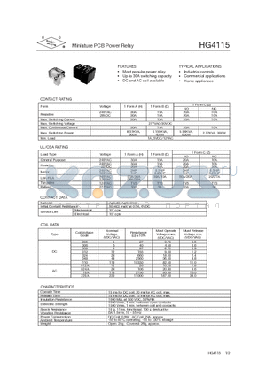 HG4115/012-AHS datasheet - MINIATURE PCB POWER RELAY