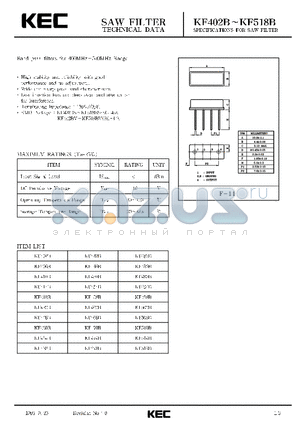 KF402B datasheet - SPECIFICATIONS FOR SAW FILTER(BAND PASS FILTERS FOR 400MHz~520MHz RANGE)