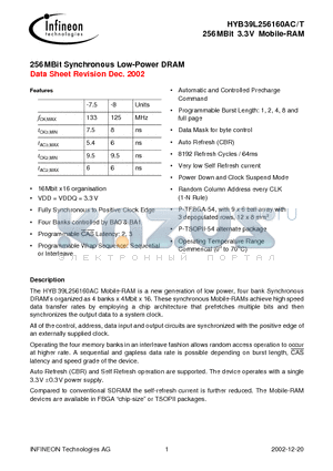 HYB39L256160AT-7.5 datasheet - 256 MBit Synchronous Low-Power DRAM