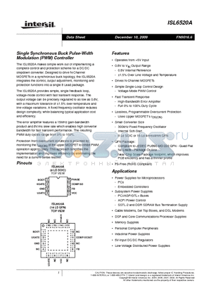 ISL6520ACBZ datasheet - Single Synchronous Buck Pulse-Width Modulation PWM Controller