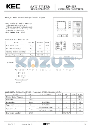 KF425S datasheet - SPECIFICATIONS FOR SAW FILTER(BAND PASS FILTERS FOR THE RECEIVING RF CIRCUITS OF PAGER)