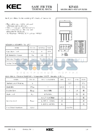 KF433S datasheet - SPECIFICATIONS FOR SAW FILTER(BAND PASS FILTERS FOR THE RECEIVING RF CIRCUITS OF TRANSCEIVER)
