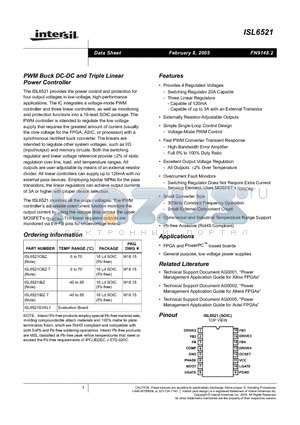 ISL6521 datasheet - PWM Buck DC-DC and Triple Linear Power Controller
