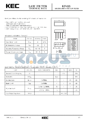 KF435S datasheet - SPECIFICATIONS FOR SAW FILTER(BAND PASS FILTERS FOR THE RECEIVING RF CIRCUITS OF TRANSCEIVER)