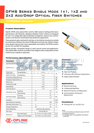 OFMS22ADE00111 datasheet - Single Mode 1x1, 1x2 and 2x2 Add/Drop Optical Fiber Switches