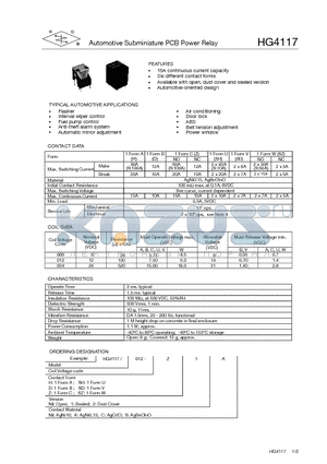 HG4117/012-D2S datasheet - AUTO MOTIVE SUBMINIATURE PCB POWER RELAY