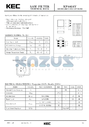 KF446AV datasheet - SPECIFICATIONS FOR SAW FILTER(BAND PASS FILTERS FOR THE RECEIVING RF CIRCUITS OF TRANSCEIVER)