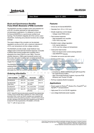 ISL6522ACR datasheet - Buck and Synchronous Rectifier Pulse-Width Modulator (PWM) Controller