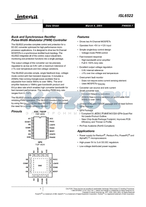 ISL6522CV-T datasheet - Buck and Synchronous Rectifier Pulse-Width Modulator (PWM) Controller