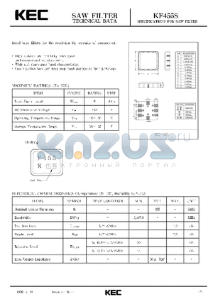 KF455 datasheet - SPECIFICATIONS FOR SAW FILTER(BAND PASS FILTERS FOR THE RECEIVING RF CIRCUITS OF TRANSCEIVER)