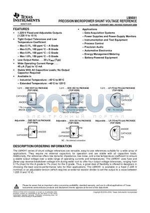 LM4041A12IDBZTG4 datasheet - PRECISION MICROPOWER SHUNT VOLTAGE REFERENCE