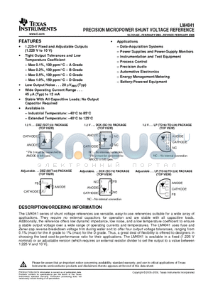 LM4041A12IDCKR datasheet - PRECISION MICROPOWER SHUNT VOLTAGE REFERENCE