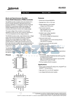 ISL6522IRZ datasheet - Buck and Synchronous Rectifier Pulse-Width Modulator (PWM) Controller