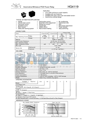 HG4119/012-1D8-S datasheet - Automotive Miniature PCB Power Relay