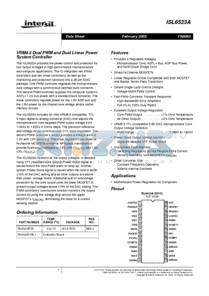 ISL6523ACB datasheet - VRM8.5 Dual PWM and Dual Linear Power System Controller