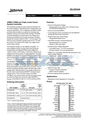 ISL6524ACB-T datasheet - VRM8.5 PWM and Triple Linear Power System Controller