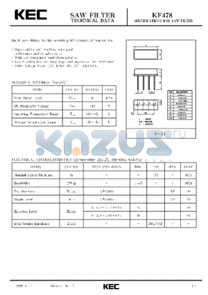 KF478S datasheet - SPECIFICATIONS FOR SAW FILTER(BAND PASS FILTERS FOR THE RECEIVING RF CIRCUITS OF TRANSCEIVER)