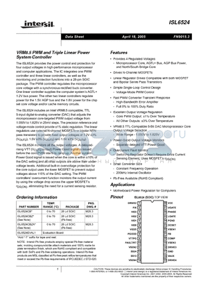 ISL6524CBZ-T datasheet - VRM8.5 PWM and Triple Linear Power System Controller