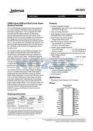 ISL6523CBZ-T datasheet - VRM8.5 Dual PWM and Dual Linear Power System Controller