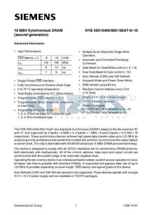 HYB39S16160AT-10 datasheet - 16 MBit Synchronous DRAM