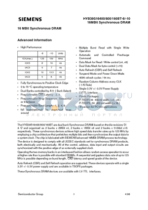 HYB39S16160BT-8 datasheet - 16 MBit Synchronous DRAM