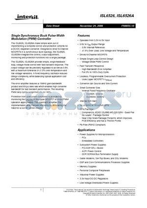 ISL6526A datasheet - Single Synchronous Buck Pulse-Width Modulation PWM Controller