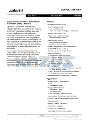 ISL6526AEVAL1 datasheet - Single Synchronous Buck Pulse-Width Modulation (PWM) Controller