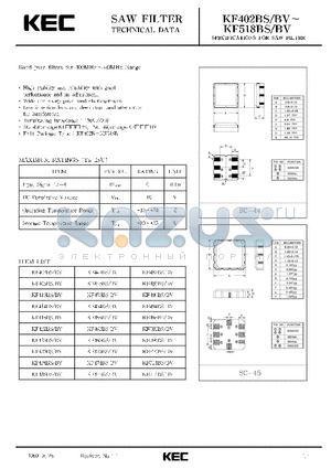 KF502BV datasheet - SPECIFICATIONS FOR SAW FILTER(BAND PASS FILTERS FOR 400MHz~520MHz RANGE)