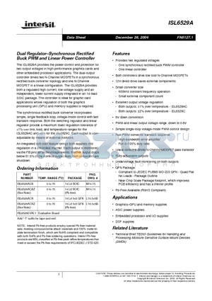 ISL6529ACRZ-T datasheet - Dual Regulator.Synchronous Rectified Buck PWM and Linear Power Controller